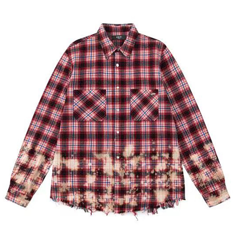 AMIRI splash-ink fringed raw edge plaid shirt