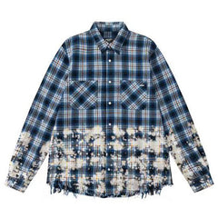 AMIRI splash-ink fringed raw edge plaid shirt