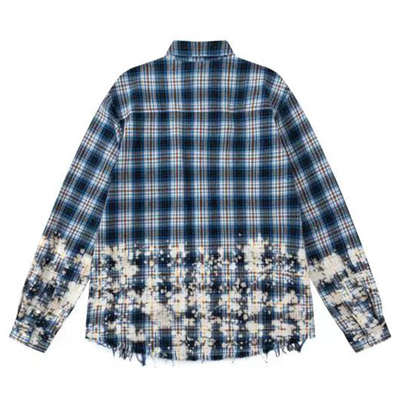 AMIRI splash-ink fringed raw edge plaid shirt