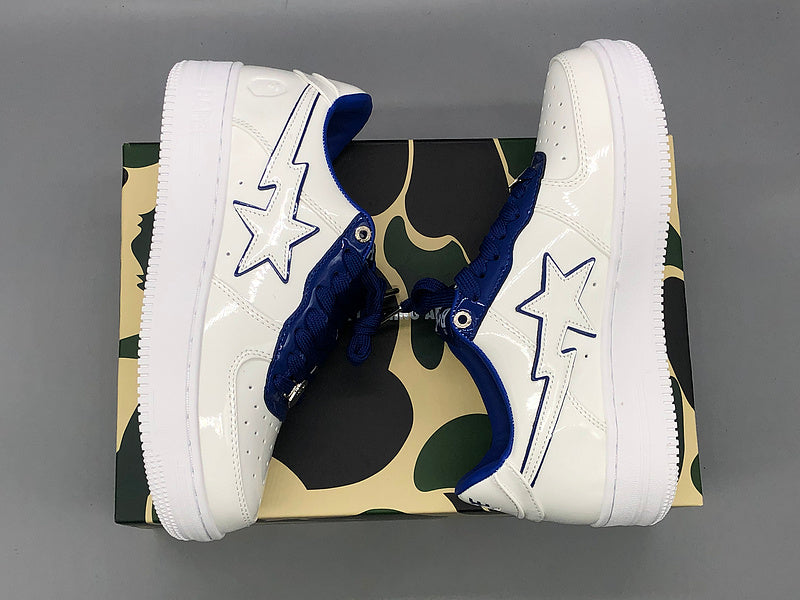 A BATHING APE Bape white & navy patent leather sneakers