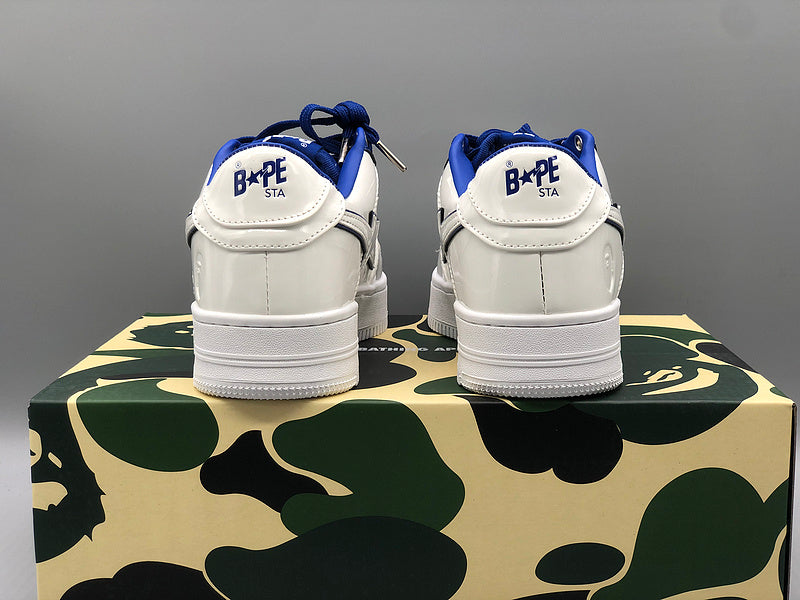 A BATHING APE Bape white & navy patent leather sneakers