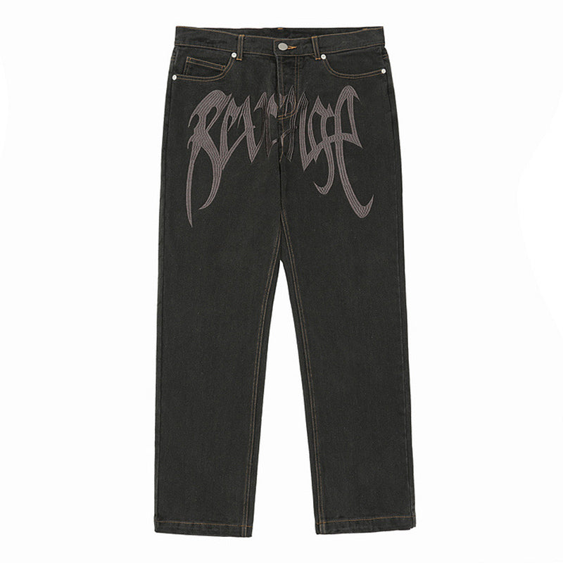 Revenge Embroidered Logo Trousers Mid Rise Jeans